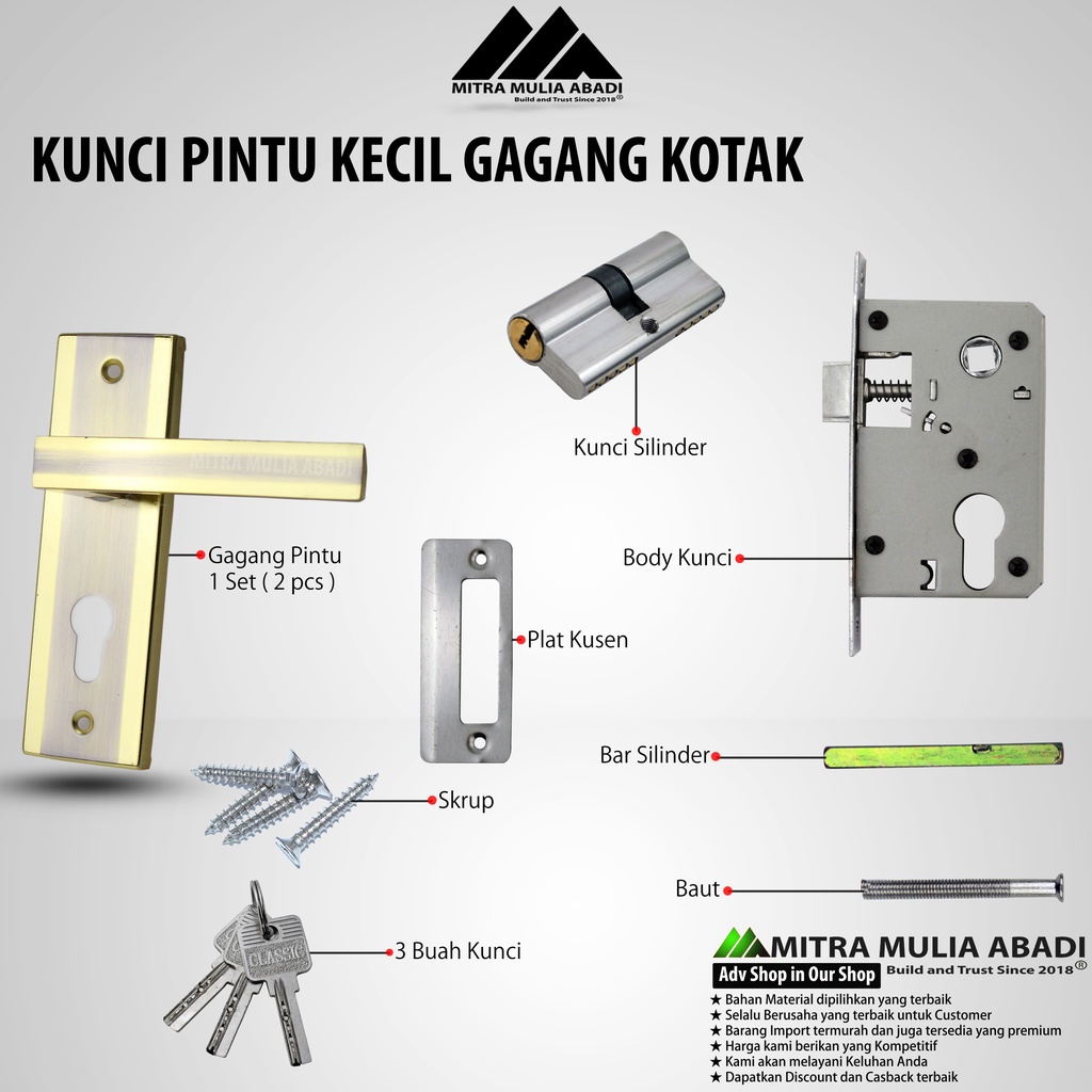 Kunci Pintu Rumah Gagang Kotak Kecil 15cm Napoli doorlock fullset