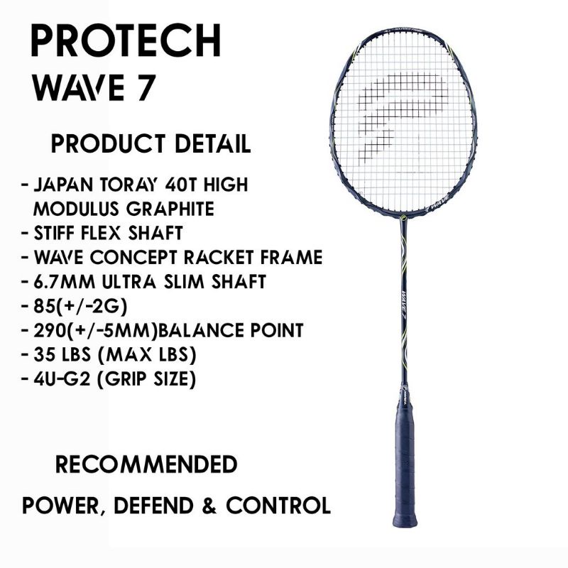 Raket Badminton Protech Wave 7 40T Japan High Modulus Graphite Titanium