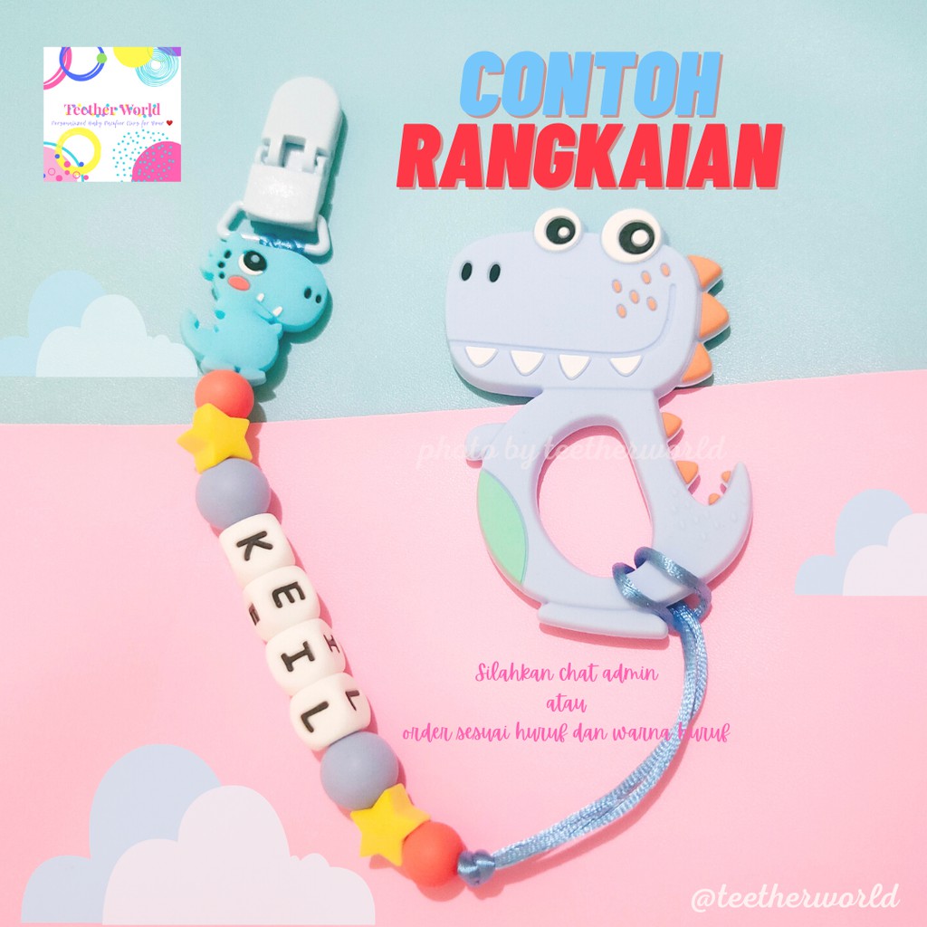 (FREE CASE) Set A Gigitan Bayi + Pacifier Clips / Tali Dot/ Tali Empeng/  Tali Custom Teetherworld-3 Huruf