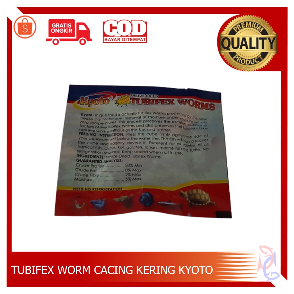 MAKANAN IKAN HIAS CACING KERING KYOTO TUBIFEX WORM PAKAN IKAN HIAS PREDATOR IKAN KOKI IKAN KOI CACING SUTRA HALUSKYOTO 5 GRAM CAKER KYOTO