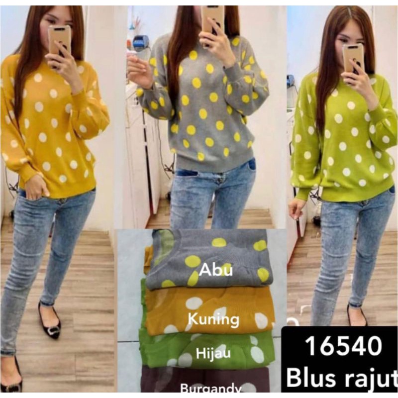 16540 Atasan rajut wanita motif polkadot/onde tangan balon/kaos rajut wanita/blus rajut real pict