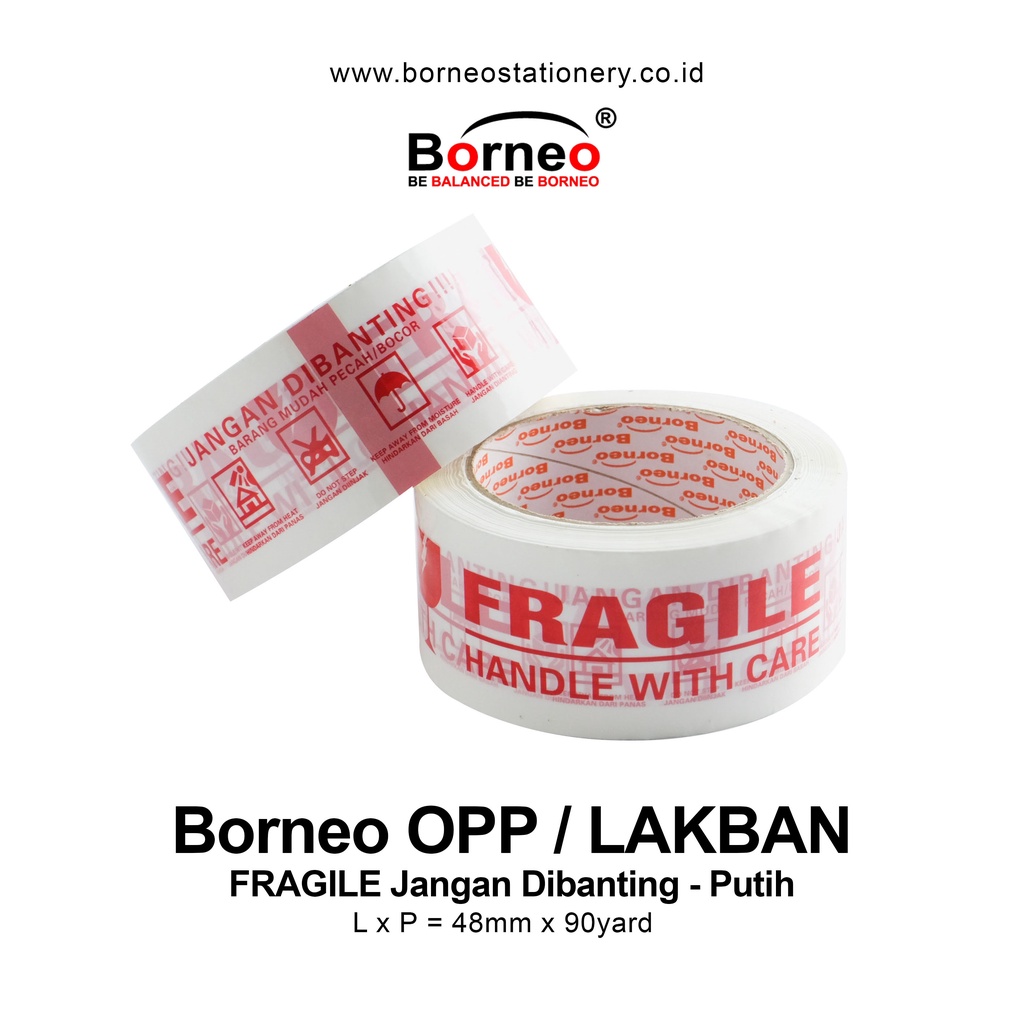 

Borneo Lakban OPP Fragile Jangan Dibanting Warna Putih Ukuran 48mm x 60 Yard, Solasi, Isolasi Kuat