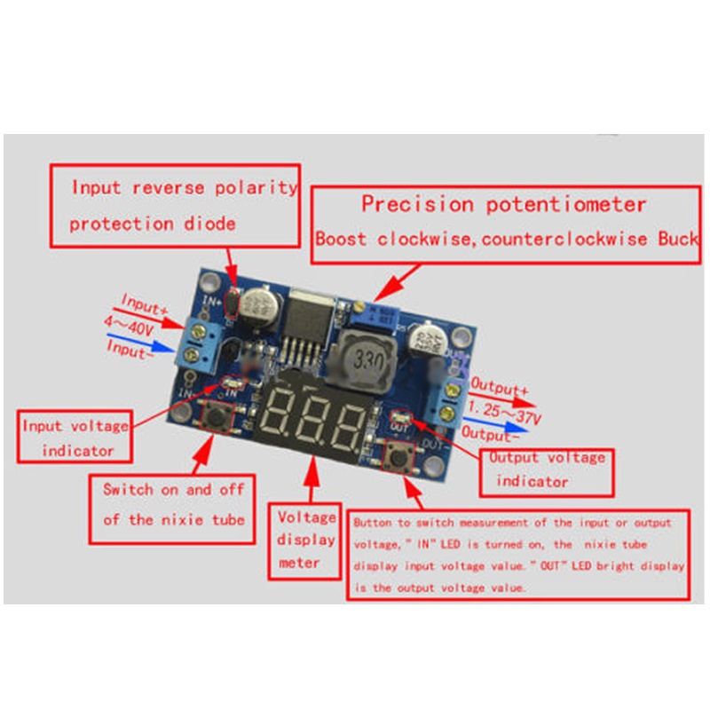 Modul Konverter Power Step down Voltmeter LED DC 4.0-40 Ke 1.3-37V LM2596