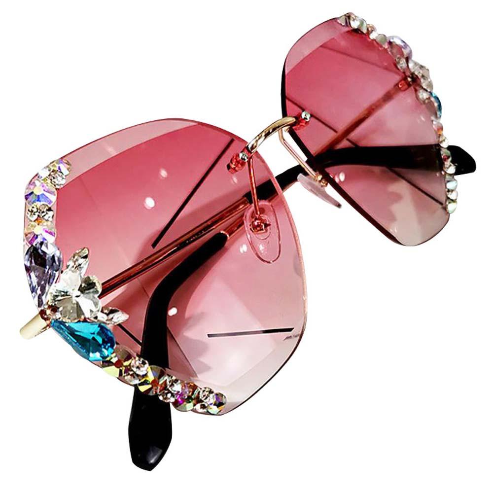 [Elegan] Kacamata Hitam Tanpa Bingkai Street Shot Multicolor Wanita Oversized Rhinestone UV400 Protection