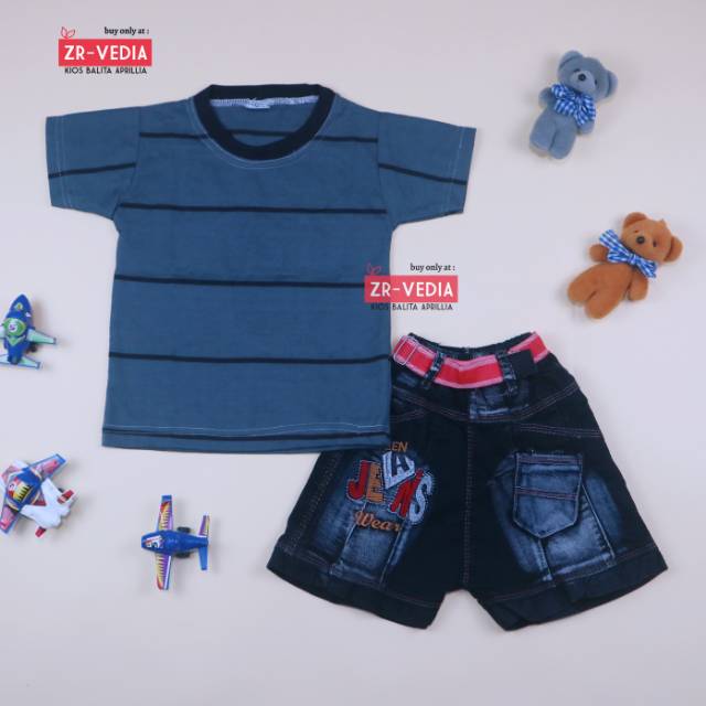 Setelan Salur Jeans uk 1-2 Tahun / Kaos Anak Murah Celana Jeans Murah Setelan Lengan Pendek Laki