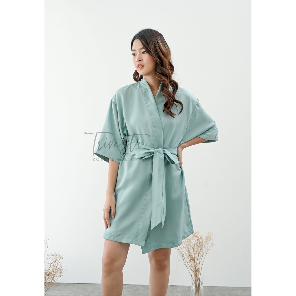 Basic Robe - KIMONO BRIDESMAID SATIN WARNA SAGE GREEN + FREE BORDIR (TULISAN BEBAS BISA NAMA)