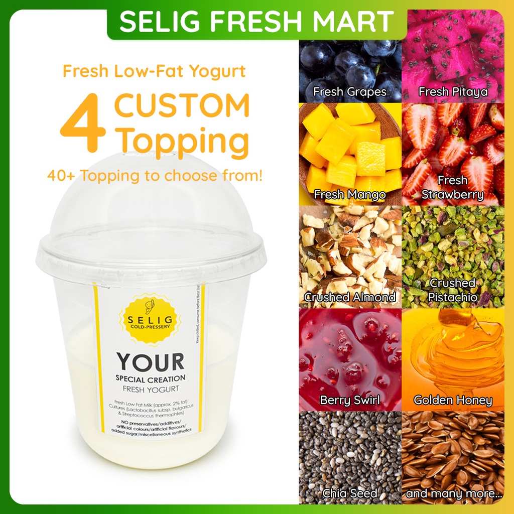 

Fresh Low Fat Yogurt + 4 Topping Pilih Sendiri ~250gr Selig Fresh Mart