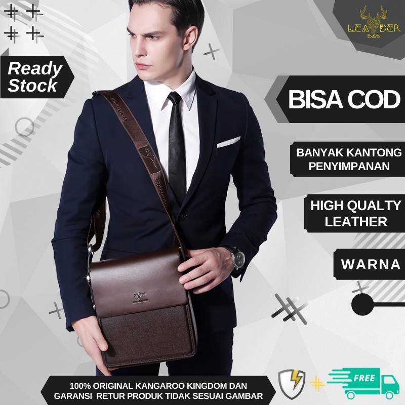 Tas Selempang Pria Kulit Asli Original New Kangaroo Kingdom Warna Hitam Dan Coklat Model Terbaru B05