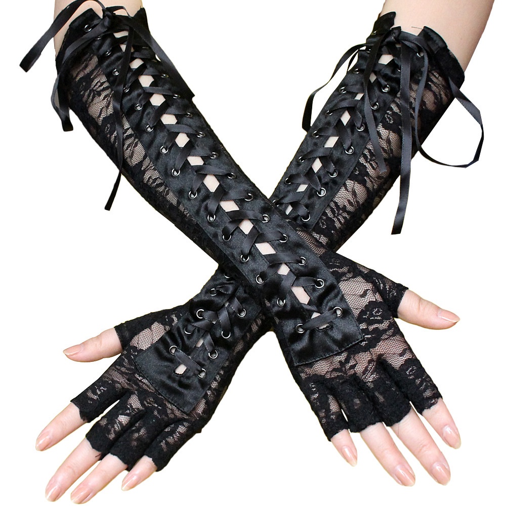 LTX-03 sarung tangan panjang setengah jari renda ikat pita half finger long gloves sexy lace