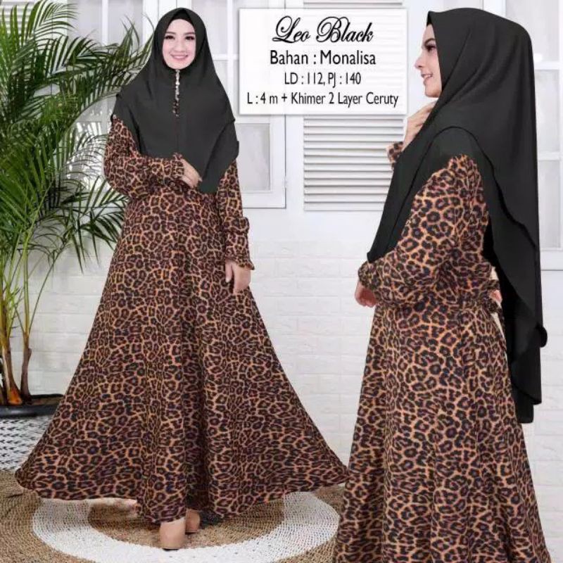 gamis  set hijab ceruty monalisa premium motif leopard fashion muslim wanita