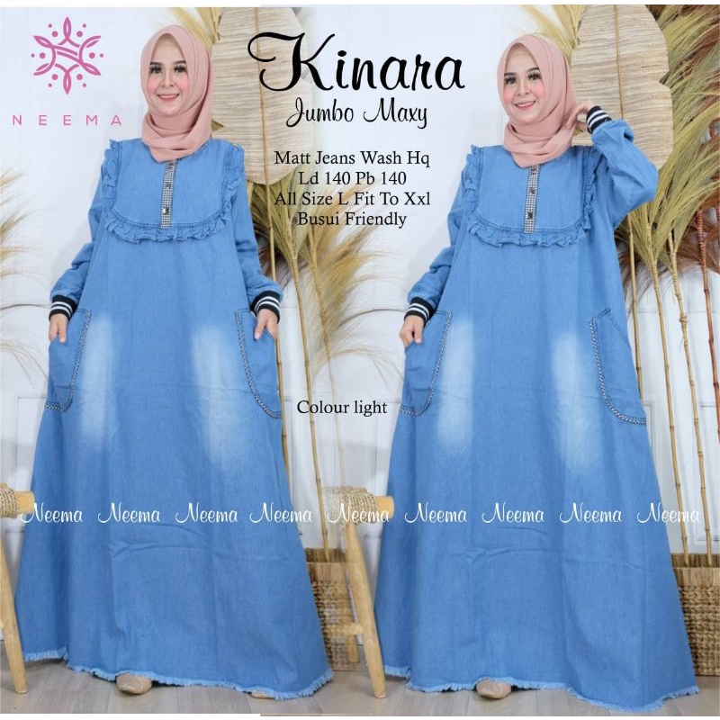Kinara Dress Maxi Gamis Super Jumbo Polos Jeans Ld 140 Fit XXXL Busui Kancing Aktif By Akifa