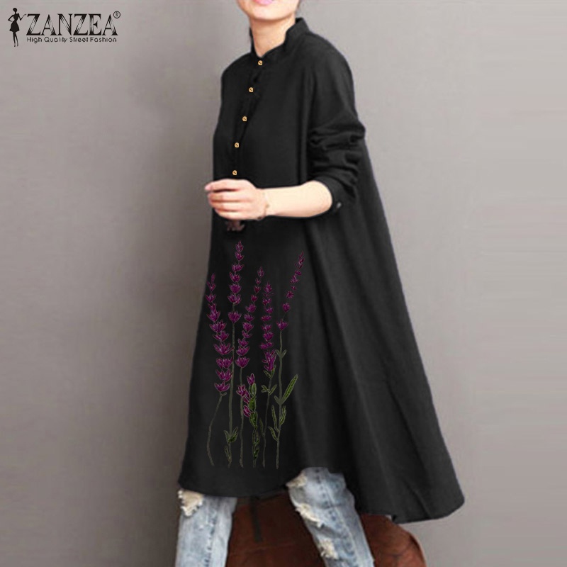 ZANZEA Women Button-Front Long Sleeve Embroidery Irregularity Hem Blouse