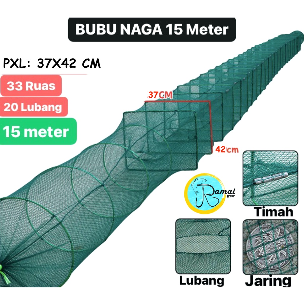 Jaring Bubu Naga Perangkap Udang Ikan Lipat Portable 33  Ruas 15 Meter 20 lubang