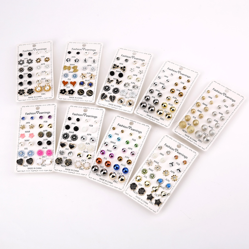 12pair/set Korean Fashion Imitation Zircon Earrings Pearl Diamond Ear Studs Factory Wholesale