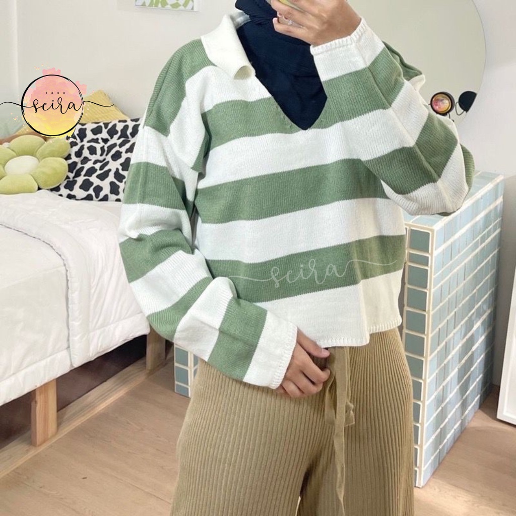 [BISA COD] Crop Rajut Alda Strip / Sweater Fuji Rajut Motif Garis / Thania Blaster Sweater / Tebal Blaster Thania / Polo Stripe Rajut / Crop Fuji / Fuji Crop Top Stripe