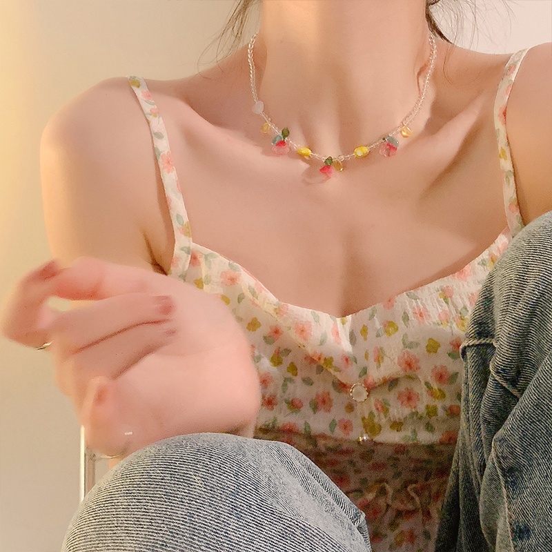Kalung Rantai Dengan Liontin Bunga Tulip Warna Pink Untuk Wanita
