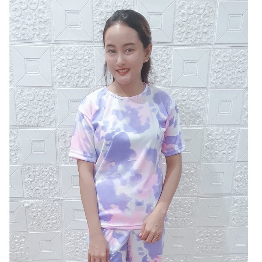 SET SETELAN WANITA LESTARI / ONESET BASIC TIE DYE / DAILYSET-Set Pink Ungu
