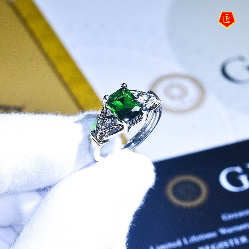 [Ready Stock]Inlaid Topaz Emerald Square Diamond Ring Fashion Elegant