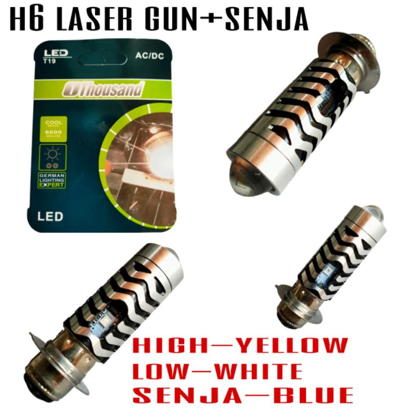 BOHLAM LAMPU DEPAN LED H6 LASER GUN D2 + SENJA BIRU 1THOUSAND