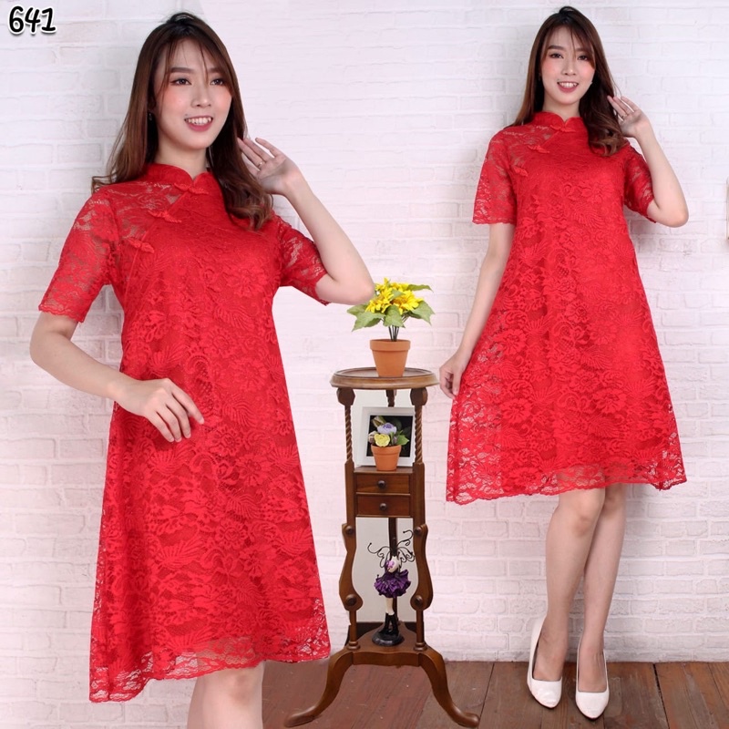 MP- 641 Dress Brukat Gliter Red / Dress Cheongsam Sincia / Dress Import Murah