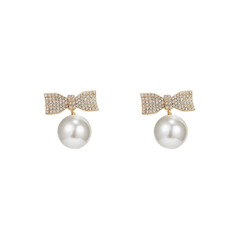 Anting Tusuk Gantung Bahan Sterling silver 925 Desain Pita + Mutiara + Berlian Untuk Wanita