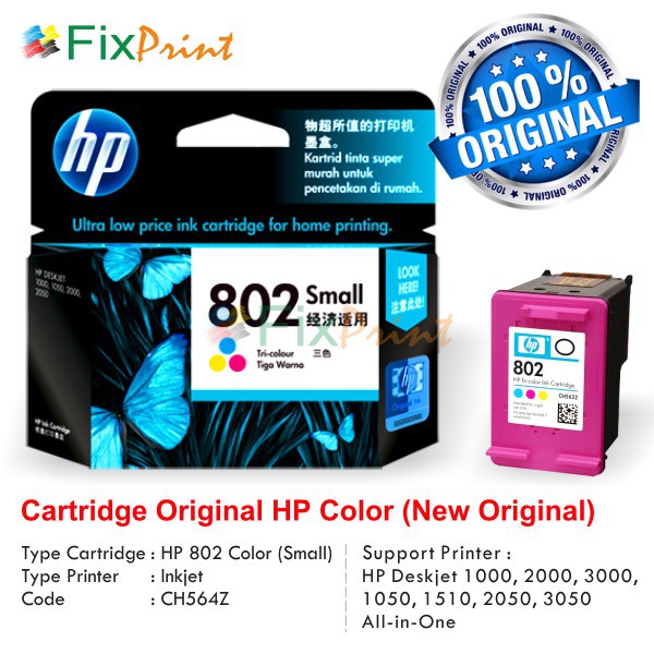 Cartridge Original HP 802 Color CH564ZZ, Tinta Printer HP Deskjet 1000 2000 3000 Murah