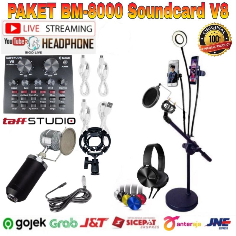 Paket Mic BM8000 Soundcard V8 Stand Lazypod 2x phone Holder Lampu Ring Light