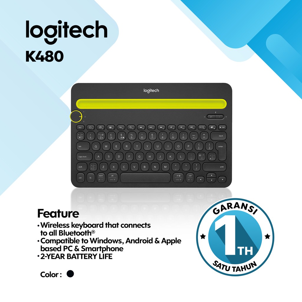 Keyboard Wireless Logitech K480 Multi Device Black Original Garansi 1 Tahun