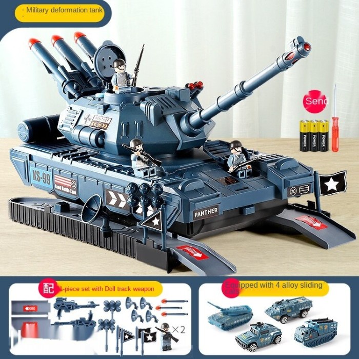 Mainan Anak Mobil Tank Besi Metal isi Tentara Musik dan Cerita - Biru