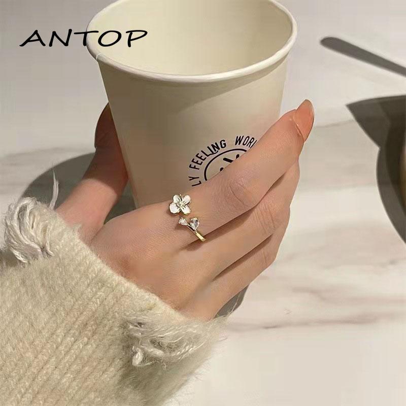 Sayishop Cincin Model Terbuka Desain Bunga Hias Mutiara  zircon adjustable Untuk Wanita