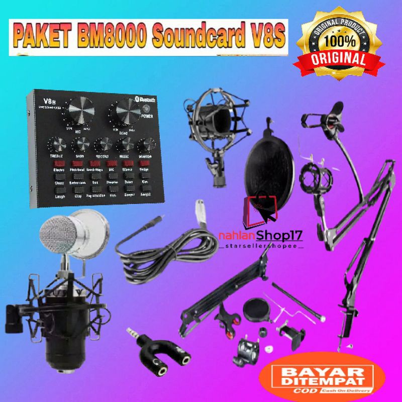 FULLSET MIC BM-8000 BONUS SPLITER SOUNDCARD V8 / PAKET KUMPLIT MICROPHONE BM-8000 / MIKROFON KOMPLIT