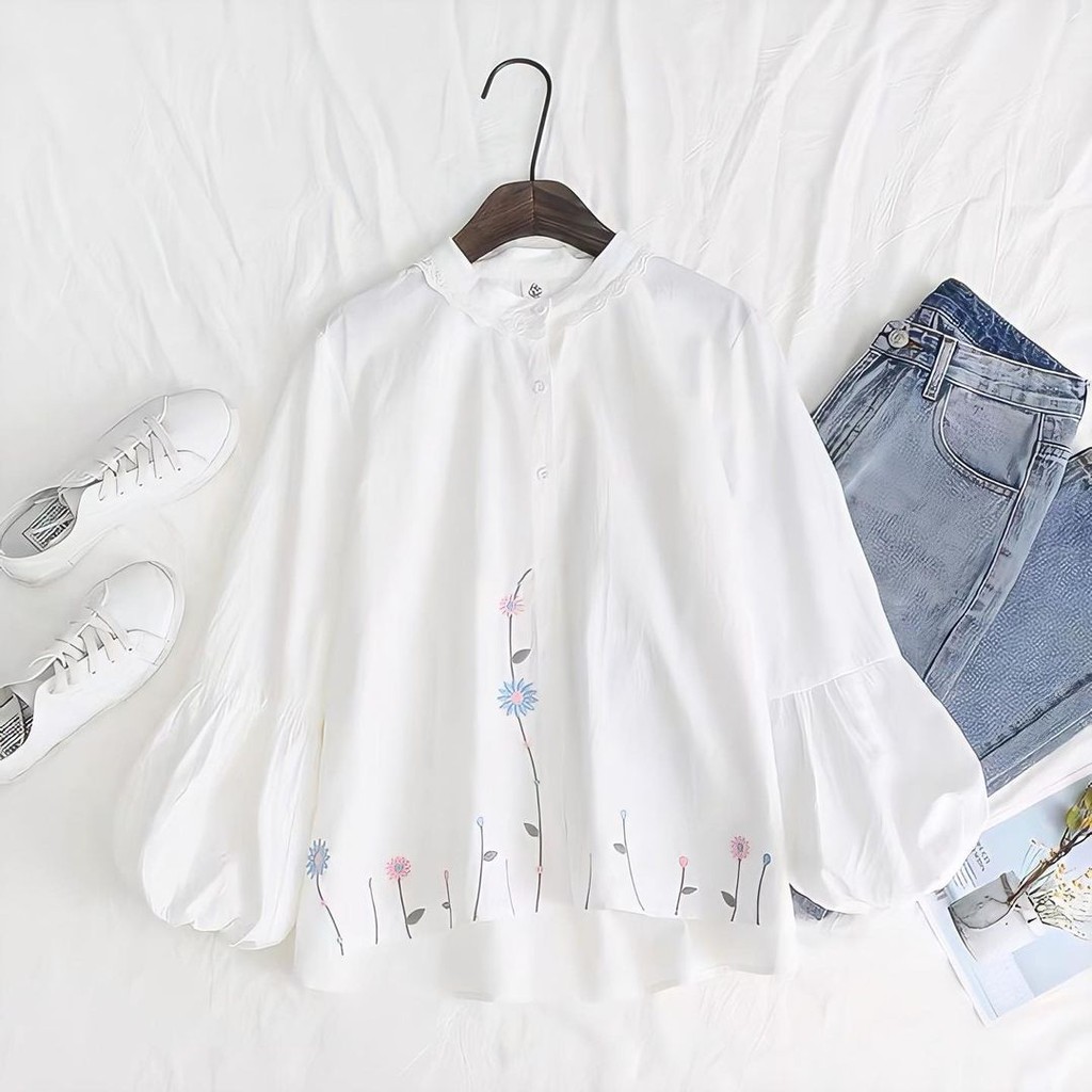 Kaleela Blouse Katun Wanita Terbaru Blus Putih Bordir Kekinian Bluse Cewek Baju Atasan Muslim Murah