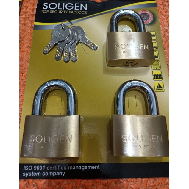 GEMBOK KUNINGAN 50 PENDEK SOLIGEN ISI 3 PCS MASTER KEY GEMBOK 50 MM SOLIGEN