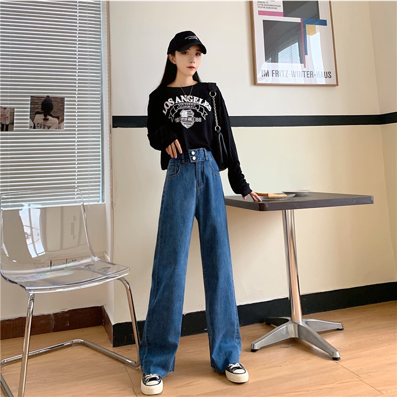 [COD&amp;READY STOK]Celana Jeans Wanita Loose Celana Panjang High Waist Straight Denim Pants