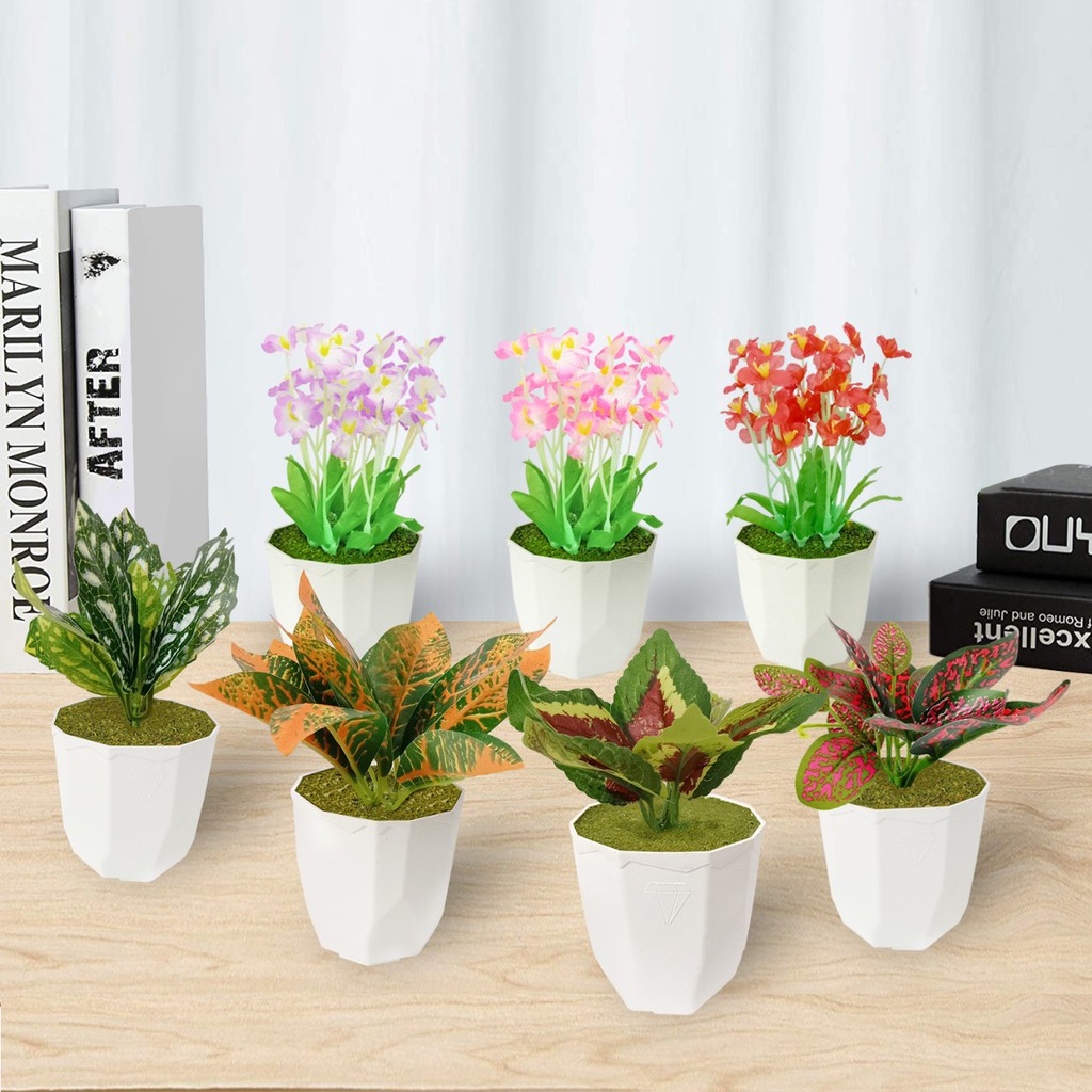BUNGA DAN DAUN SHABBY ARTIFICIAL DENGAN POT Imitasi tanaman palsu hias dekorasi rumah