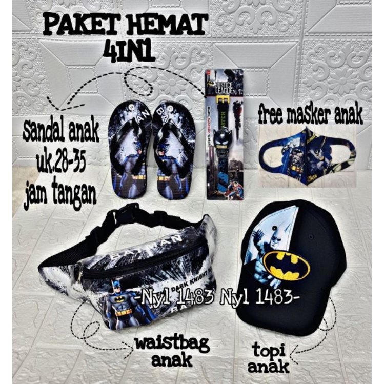 Real pict | Paket hemat 4in1 tas waistbag anak karakter superhero / free topi/ sandal/ jam tanga / masker