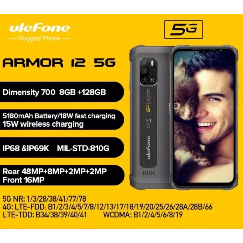 Ulefone Armor 12 Rugged 5G Android 11 RAM 8GB + ROM 128GB Versi Global 6.52 "Smarphone Tahan Air Wir