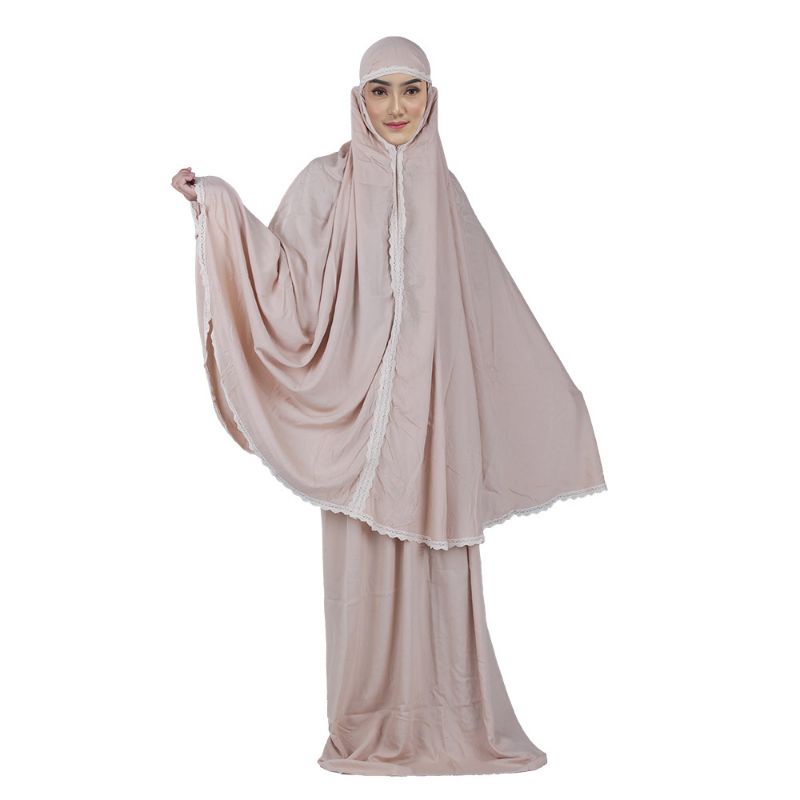 Mukena Sholat Renda Wanita Dewasa Resleting Cantik Mocca Model Terbaru Rayon Premium Cantik Adem