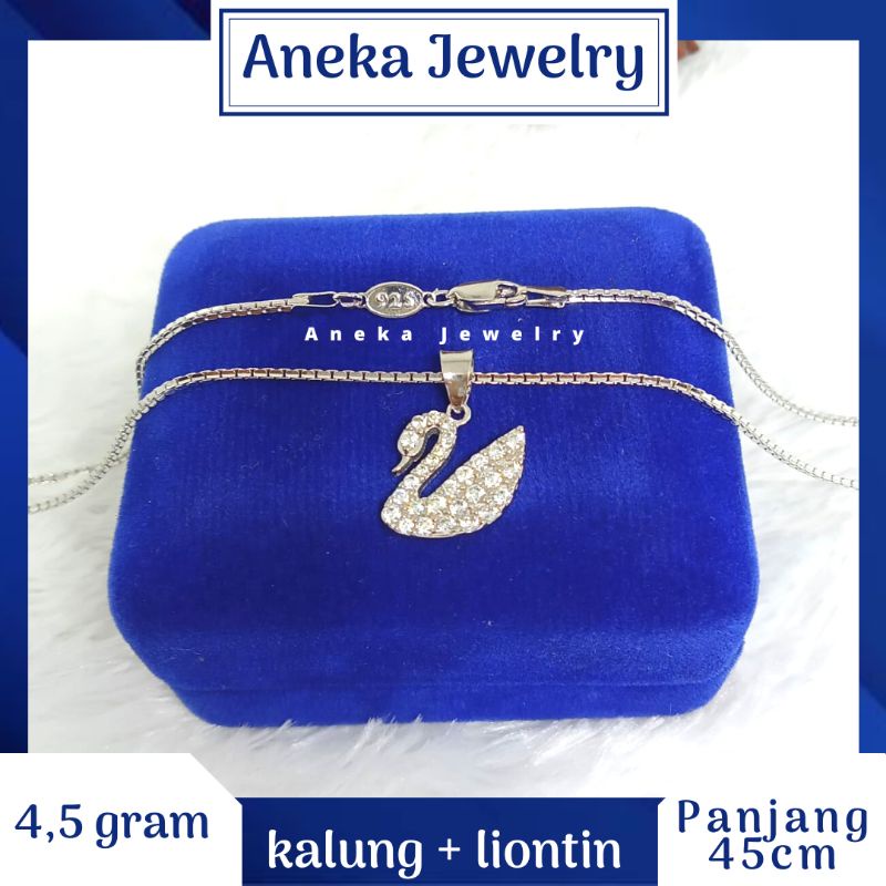 Kalung Italy Santa + Liontin Angsa Mata2, Perak 925, Lapis Emas Putih