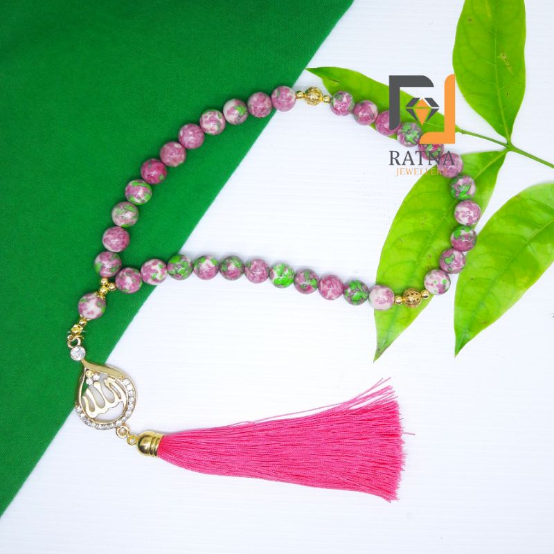 TASBIH BATU NATURAL PIRUS PINK 10MM LAFADZ ALLAH 33 BUTIR