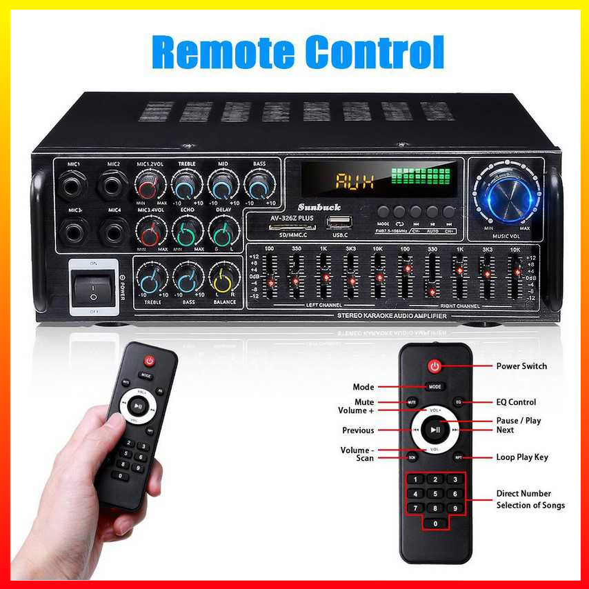 Ampli Hi-Fi Stereo Audio Amplifier Bluetooth EQ Karaoke FM 2000W Remot Kontrol Radio FM Slot Kartu SD dan USB - Sunbuck AV-326Z PLUS - 4PSK07BK