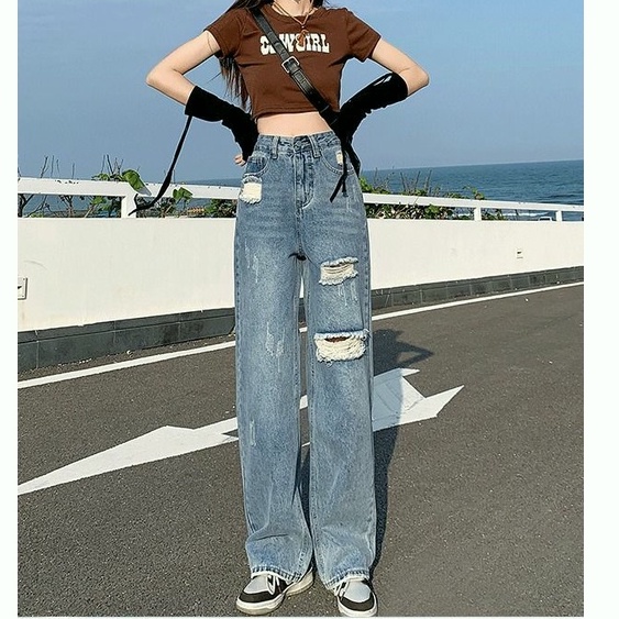 celana jins wanita kekinian straight jeans celanan jeans high waist wanita korean style jeans wanita ripped jeans cewek ootd fashion ripped jeans wanita