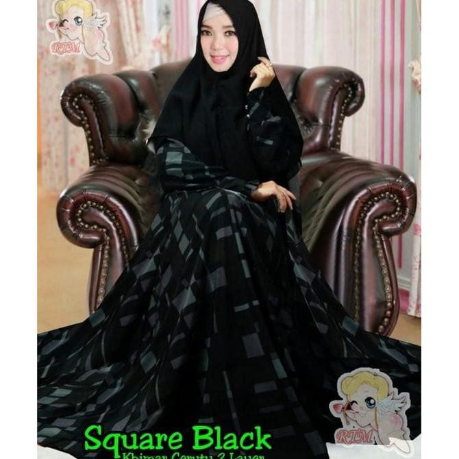 Gamis Jumbo Motif Kotak Square Black Abu Bahan Wolfis Monalisa Xl - Hitam