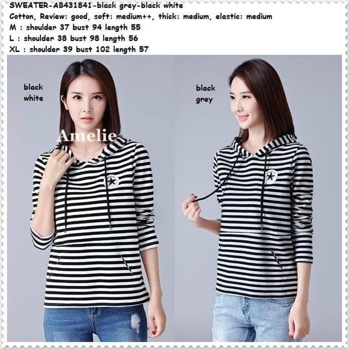 Sweater Kaos Hoodie Coat Blouse Wanita Korea Import Garis Hitam Putih Deevagrosir.Olshop