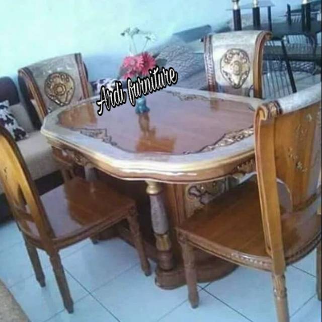 Murah Set meja makan ukir mewah 4 kursi jati ukir jepara