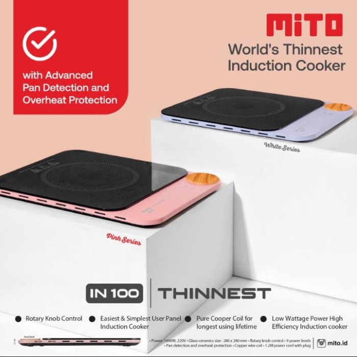 Mitochiba Induction Cooker IN100 Pink & White | Mito Kompor Listrik Tipis Daya Rendah Hemat Listrik