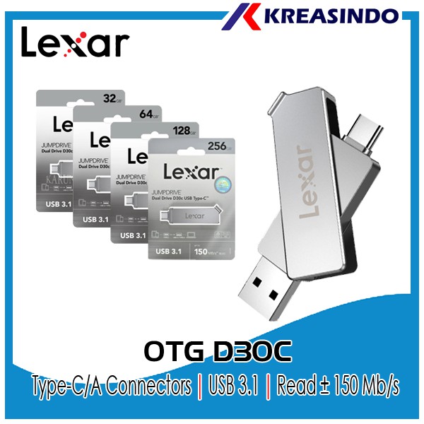 Lexar OTG D30C USB 3.0 Type-C 32GB 64GB 128GB 256GB Garansi Resmi