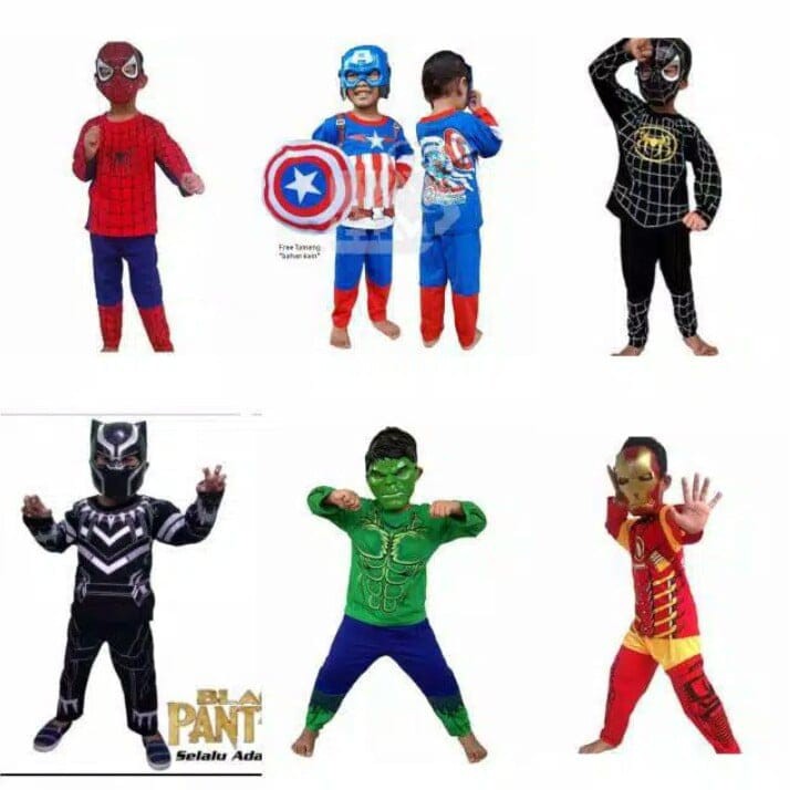 Kostum Baju Anak Avenger Spiderman Iron Man Hulk Captain America Venom Superhero GRATIS TOPENG