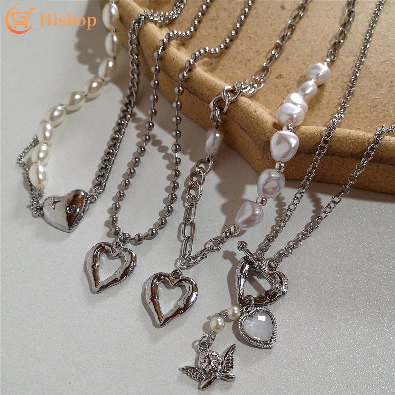 Angel Pearl Necklace Elegant Korean Style Heart Shape Chain Silver Pendant Women Fashion Accessories