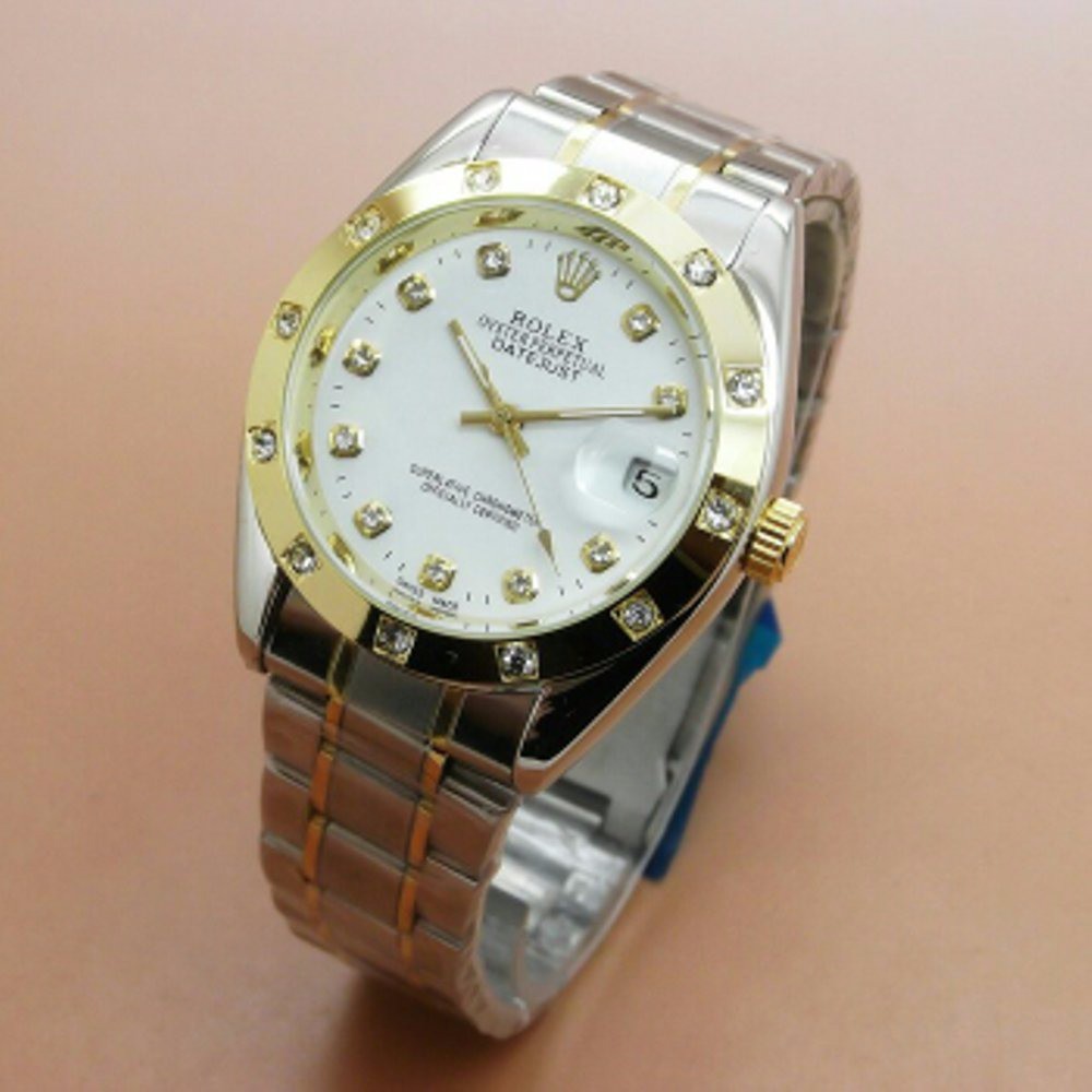 BEST SELLER Jam Tangan Arloji Wanita Cewek Rolex 2 Ring Diamond Rantai Kombinasi Gold Pusat Jam Tan